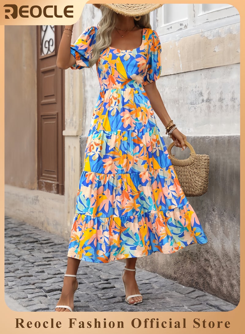 ريوكل فساتين نسائية صيفية فستان ماكسي بدون أكمام مزهر كاجوال بحمالات رفيعة فستان شاطئ طويل منسدل متعدد الطبقات - Image 1