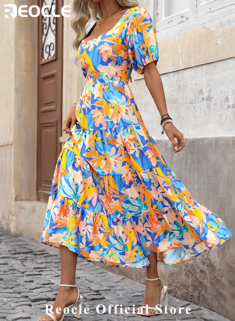 ريوكل فساتين نسائية صيفية فستان ماكسي بدون أكمام مزهر كاجوال بحمالات رفيعة فستان شاطئ طويل منسدل متعدد الطبقات - Image 4