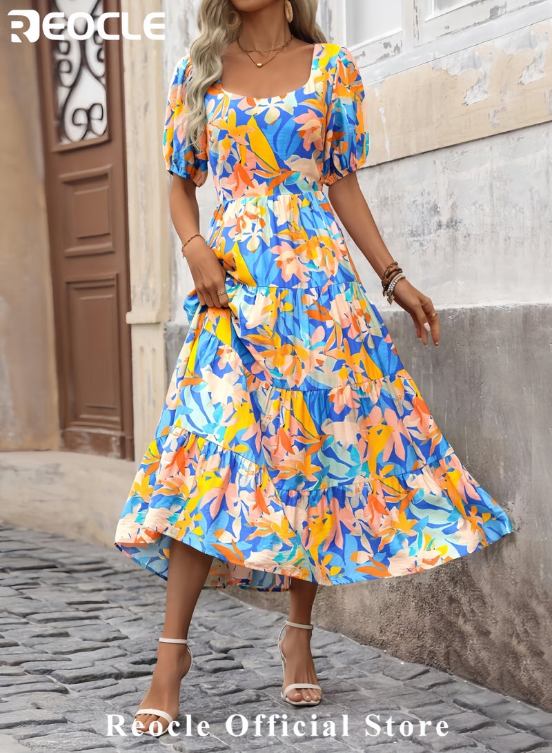 ريوكل فساتين نسائية صيفية فستان ماكسي بدون أكمام مزهر كاجوال بحمالات رفيعة فستان شاطئ طويل منسدل متعدد الطبقات - Image 2