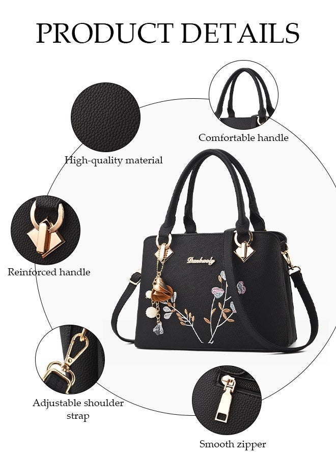 DUNISO Womens Shoulder Bag Soft Leather Messenger Bag Fashionable Embroidered Handbag Lychee Leather Adjustable Shoulder Strap Suitable For Commuting Travel Shopping Storage And Organization - Image 4