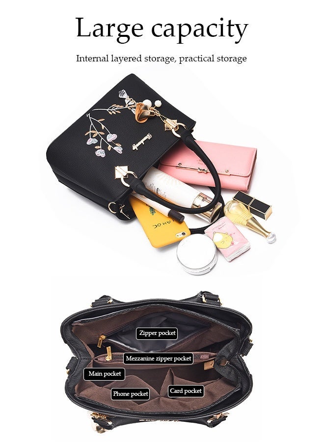 DUNISO Womens Shoulder Bag Soft Leather Messenger Bag Fashionable Embroidered Handbag Lychee Leather Adjustable Shoulder Strap Suitable For Commuting Travel Shopping Storage And Organization - Image 3