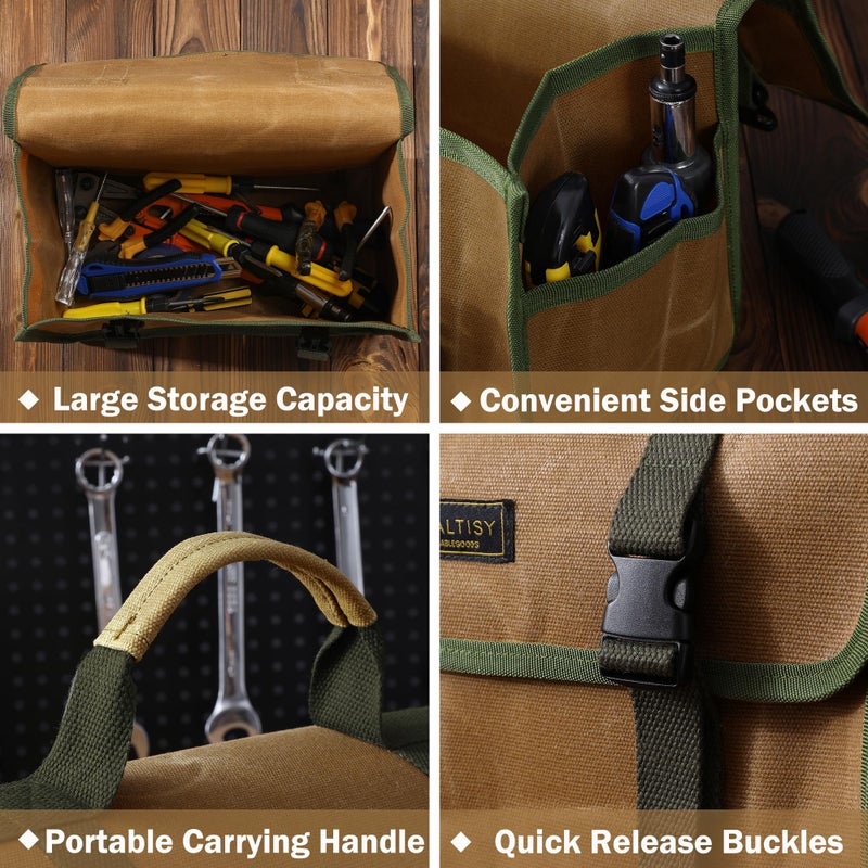 Kaaltisy Tool Bag, Heavy Duty 16oz Waxed Canvas Tool Carrier, Multi-Purpose Tote Bag with 1 Large Capacity & 2 Side Pockets, Portable Tool Storage for Wrenches Chisels Scissors Hammer - Khaki - Image 4
