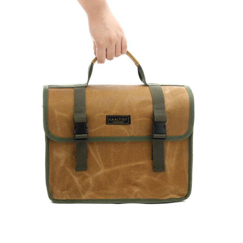 Kaaltisy Tool Bag, Heavy Duty 16oz Waxed Canvas Tool Carrier, Multi-Purpose Tote Bag with 1 Large Capacity & 2 Side Pockets, Portable Tool Storage for Wrenches Chisels Scissors Hammer - Khaki - Image 5