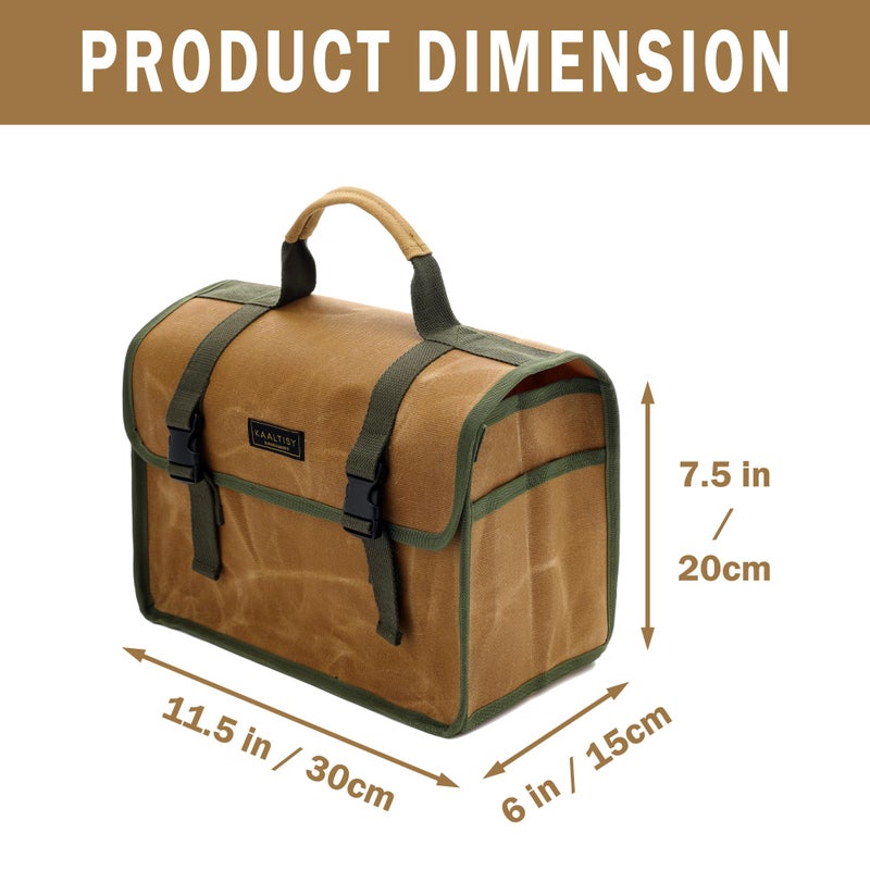 Kaaltisy Tool Bag, Heavy Duty 16oz Waxed Canvas Tool Carrier, Multi-Purpose Tote Bag with 1 Large Capacity & 2 Side Pockets, Portable Tool Storage for Wrenches Chisels Scissors Hammer - Khaki - Image 2