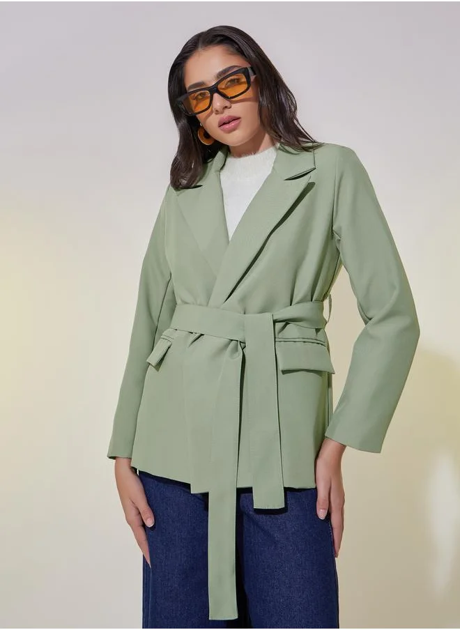 Take Two Take Two Solid Belt Detail Longline Blazer with Pocket