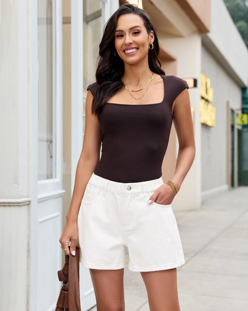 luvamia Jean Shorts for Women High Waisted Baggy Wide Leg Elastic Waist Mom Denim Shorts 4" Inseam Casual Summer Jorts Cream White Size X-Large Fits US 16-18 - Image 4