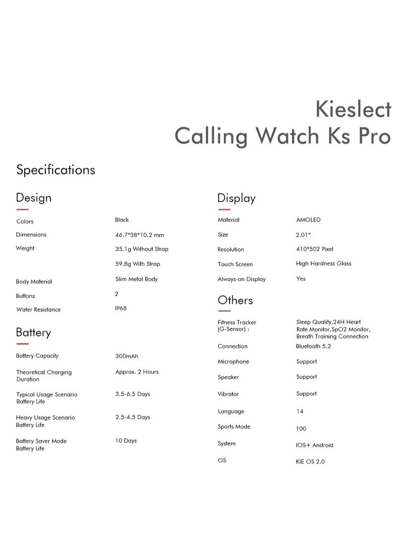 KIESLECT - Kieslect Ks Pro Smart Watch for Men Women(Answer/Make Calls),2.01"Semi-AMOLED Touch Screen,Blood Oxygen SpO2, 24/7Heart Rate Monitor,100 Sports Modes Fitness ,IP68,Compatible with Android iOS,Black - Image 1