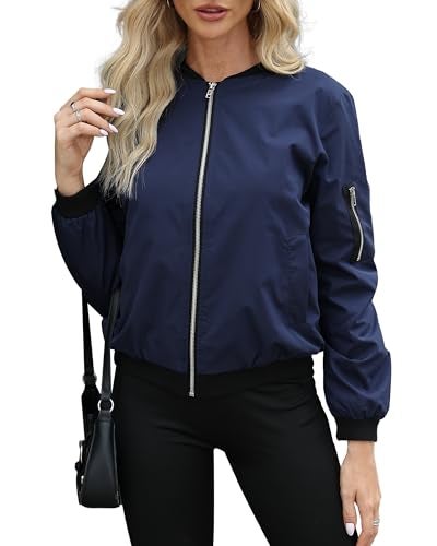 Argstar Womens Bomber Jacket Lightweight Casual Zip Up Outerwear Windbreaker with Pockets Navy Blue M - Image 1