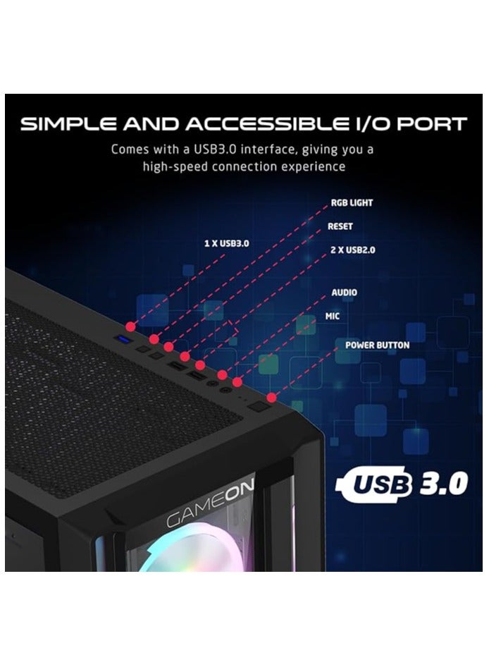 GAMEON Vortex Midnight Series Mid Tower PC Gaming Case, ARGB+PWM Lighting, 0.8mm Tempered Glass Pre installed 4 RGB Fans Computer Case Dust Filters Black - Image 5