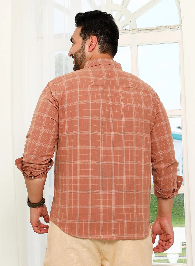 Instafab Plus Instafab Plus Men's Chocolate Brown Tartan Plaid Shirt For Casual Wear | Spread Collar | Long Cuffed Sleeves | Button Closure | Plus Size Shirt Crafted With Comfort Fit For Everyday Wear
