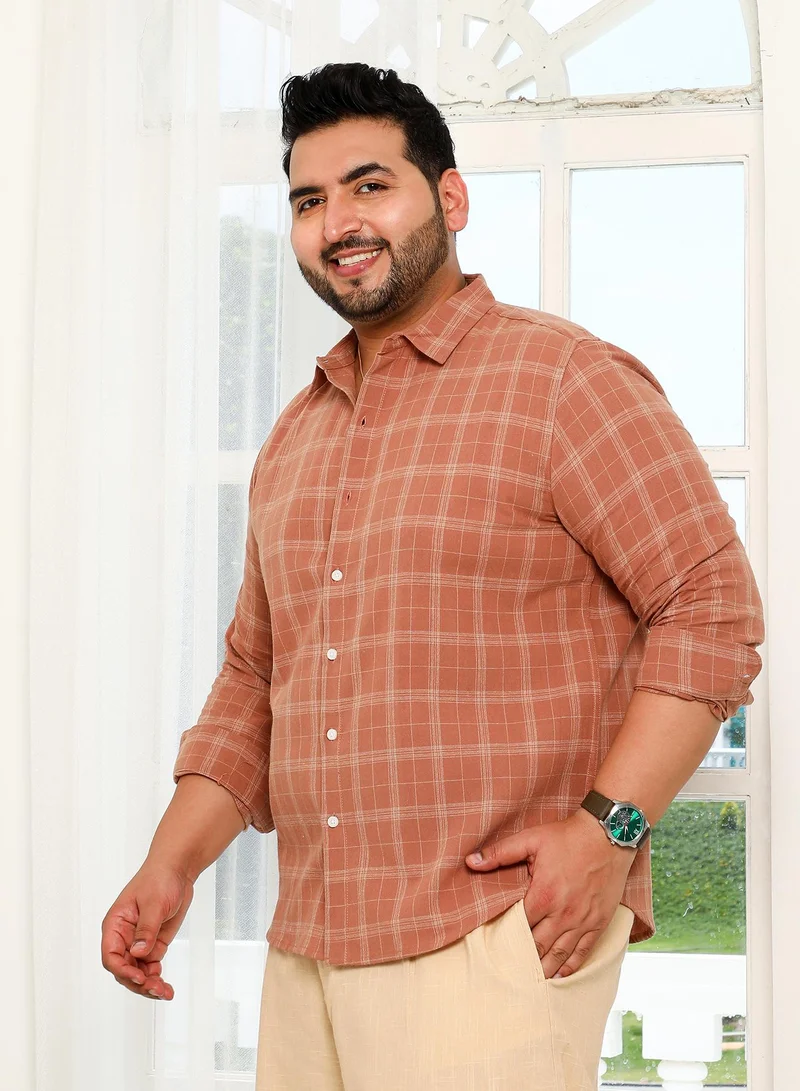 Instafab Plus Instafab Plus Men's Chocolate Brown Tartan Plaid Shirt For Casual Wear | Spread Collar | Long Cuffed Sleeves | Button Closure | Plus Size Shirt Crafted With Comfort Fit For Everyday Wear