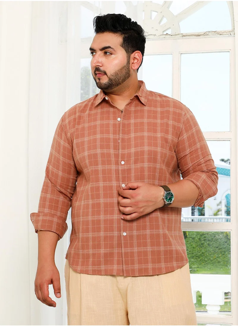 انستافاب بلس Instafab Plus Men's Chocolate Brown Tartan Plaid Shirt For Casual Wear | Spread Collar | Long Cuffed Sleeves | Button Closure | Plus Size Shirt Crafted With Comfort Fit For Everyday Wear