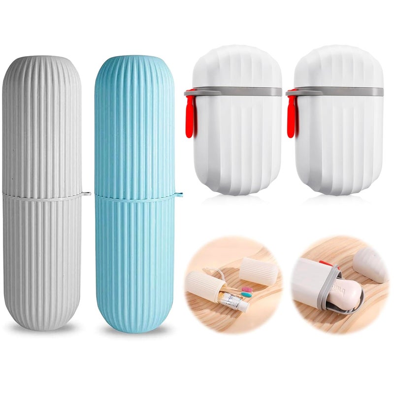 Aseenaa Combo Capsule Shape Plastic Portable Toothbrush Case Holder with Soap Case Holder, Storage Box Container Bathroom Organizer for Travel, Indoor & Outdoor | Set of 4