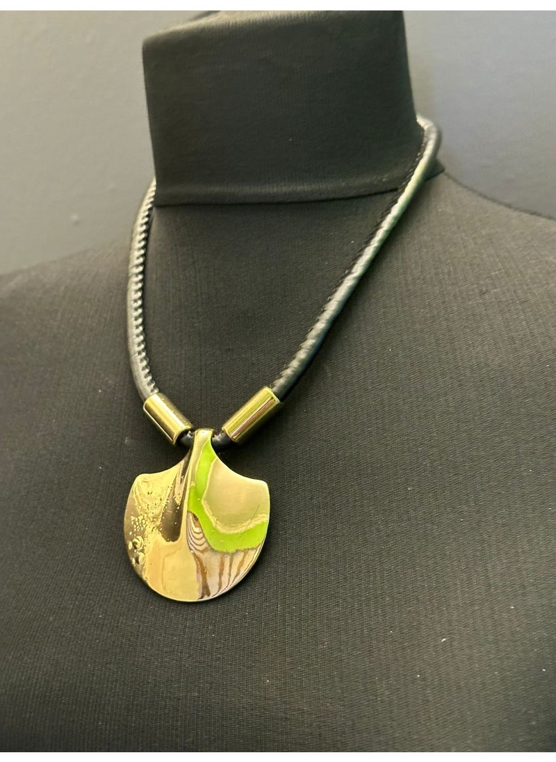 Gönülden Tasarım Heartfelt Design Leather Strap Design Gold Yellow Women's Necklace Length 20 cm  - Image 2