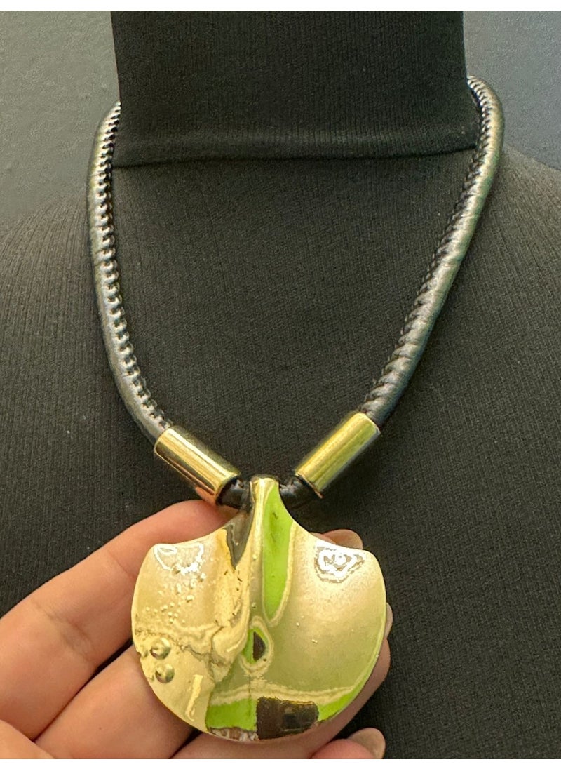 Gönülden Tasarım Heartfelt Design Leather Strap Design Gold Yellow Women's Necklace Length 20 cm  - Image 3