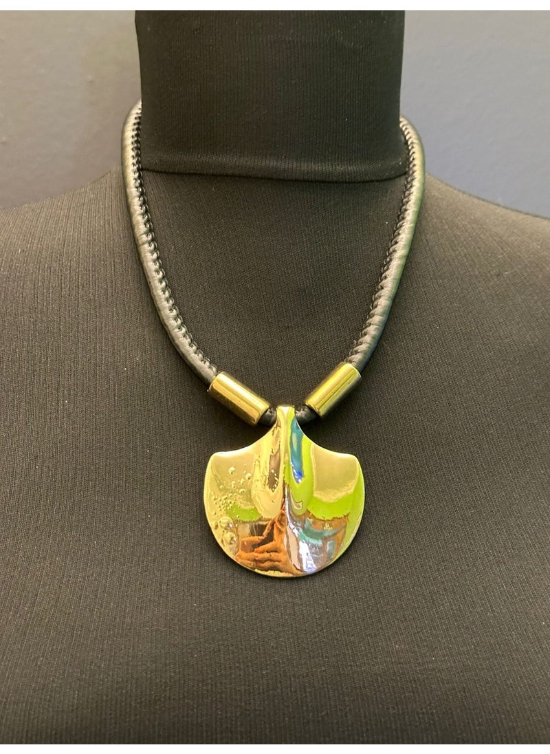 Gönülden Tasarım Heartfelt Design Leather Strap Design Gold Yellow Women's Necklace Length 20 cm  - Image 4