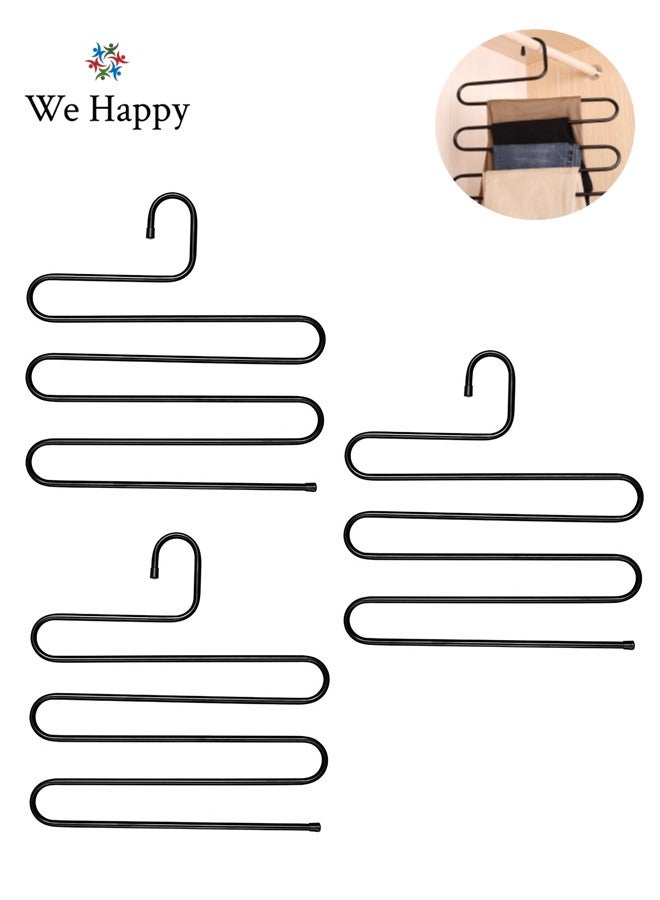 We Happy S Shape Clothes Hanger, 5 layers Pants Ties Multipurpose Stainless Steel Storage Space Saving Organizer, Black (Pack of 3) - Image 1