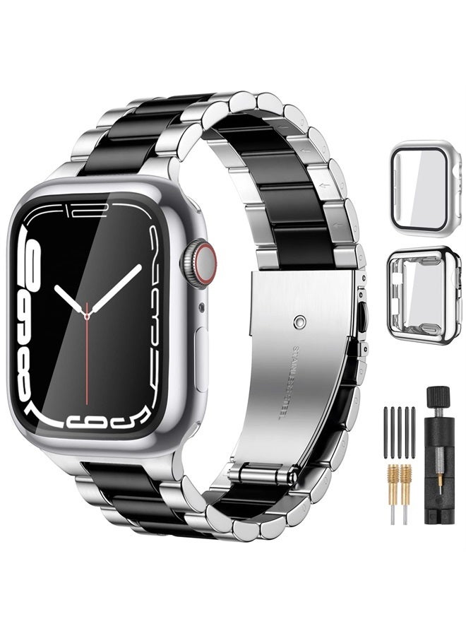 Lerobo Compatible for Apple Watch Band 38mm 41mm 40mm 44mm 42mm 45mm,Solid Stainless Steel Metal iwatch Bands with 2 Pack Protective Cases for Apple Wastch Series 8 7 6 5 4 3 2 1 SE/SE2 Men Women - Image 1