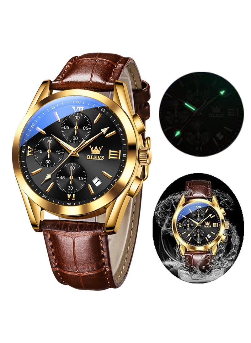 أوليفز ساعات كوارتز كرونوغراف للرجال من OLEVS، هيكل ذهبي بسوار جلدي مع تاريخ نهاري، ساعة يد من الفولاذ المقاوم للصدأ مقاومة للماء، ساعات مضيئة للرجال، الموضة والترفيه - Image 1