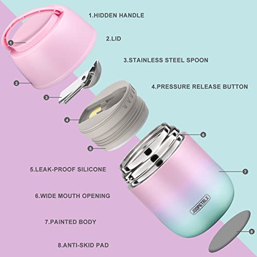 JOOPETALK 17 oz Insulated Lunch Containers Hot Food Jar, Wide Mouth Lunch Thermo for Kids Adults, Vacuum Stainless Steel Lunch Box With Handle Folding Spoon for School, Office (Blue-Pink) - Image 2