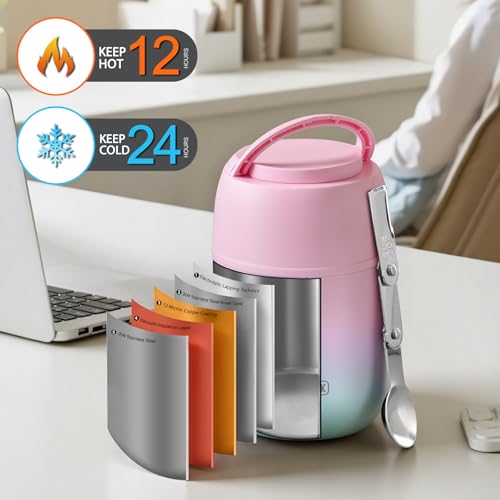 JOOPETALK 17 oz Insulated Lunch Containers Hot Food Jar, Wide Mouth Lunch Thermo for Kids Adults, Vacuum Stainless Steel Lunch Box With Handle Folding Spoon for School, Office (Blue-Pink) - Image 3