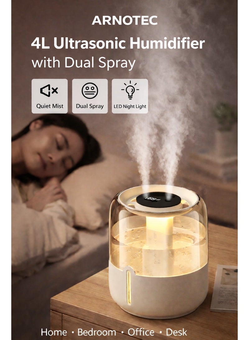 ARNOTEC 4L Smart Ultrasonic Humidifier with Digital Display, Dual Spray Mist, Quiet Operation & Warm Night Light for Bedroom, Living Room & Office - Image 2