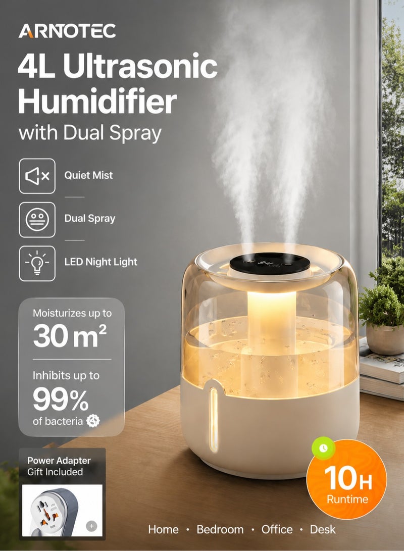 ARNOTEC 4L Smart Ultrasonic Humidifier with Digital Display, Dual Spray Mist, Quiet Operation & Warm Night Light for Bedroom, Living Room & Office - Image 1