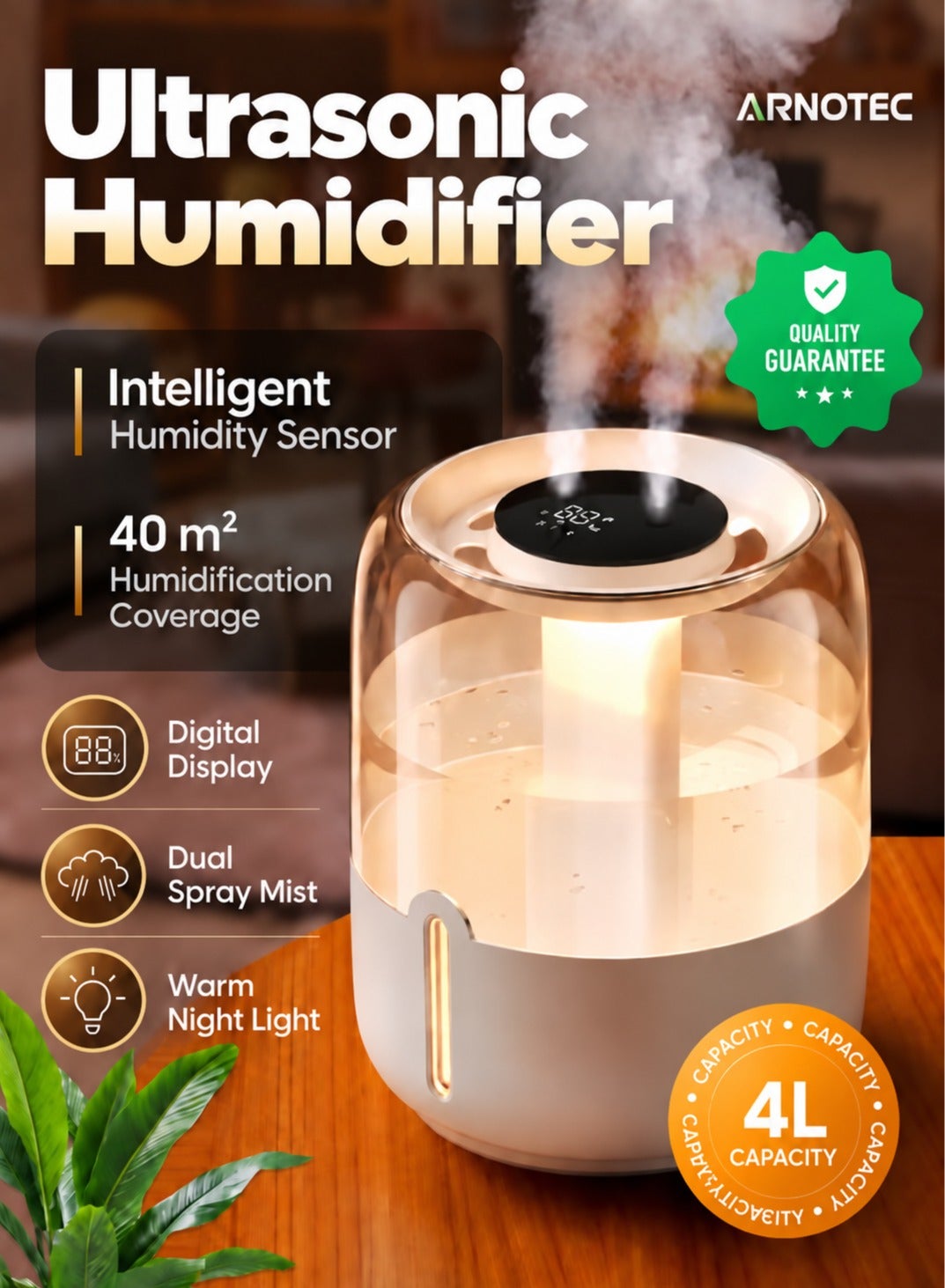 4L Ultrasonic Humidifier with Dual Spray Mist, Digital Humidity Display, Warm Night Light, 3 Mist Modes, Quiet Operation for Bedroom, Home & Office