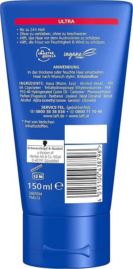 Taft Styling Gel Ultra with Hold Level 4 150 ml Hair Gel for Strengthened Hair and Without Gluing Gel for up to 24 Hours Hold Even in Moisture and Wind