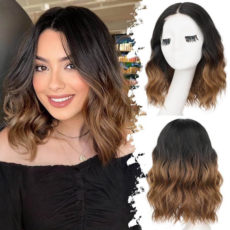 Ombre Brown Short Wavy Wig for Women Lace Hairline Bob Style Synthetic Heat Resistant  Natural Appearance for Everyday Hairstyle 14 Inch