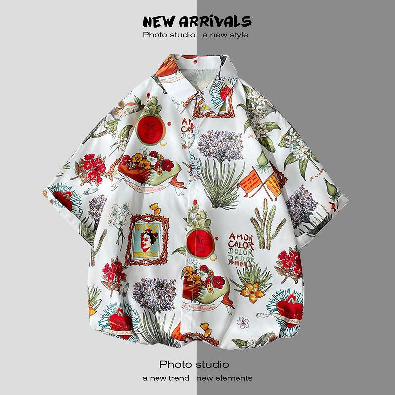 Thai Short-Sleeved Printed Shirt for Men on the Beach, Handsome Retro Hong Kong Style Vintage Floral Versatile Trendy Wholesale - Image 1