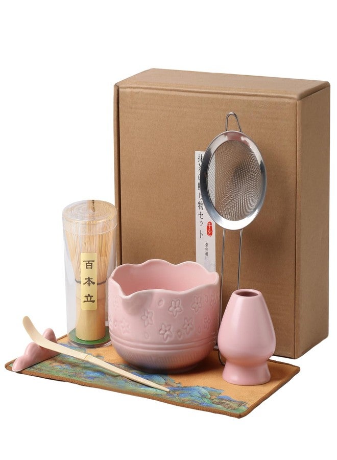 MLYLM Matcha Whisk Set, Japanese Ceramic Matcha Bowl with Spout, Bamboo Whisk, Sifter, Scoop, Holder, Tea Cloth, 7-Piece Ceremonial Matcha Kit, Gift for Tea Lovers (pink) - Image 1