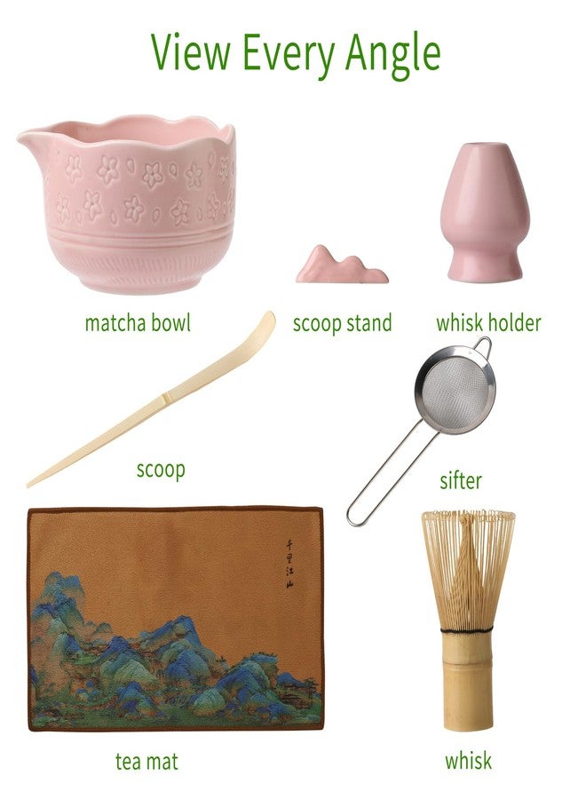 MLYLM Matcha Whisk Set, Japanese Ceramic Matcha Bowl with Spout, Bamboo Whisk, Sifter, Scoop, Holder, Tea Cloth, 7-Piece Ceremonial Matcha Kit, Gift for Tea Lovers (pink) - Image 5