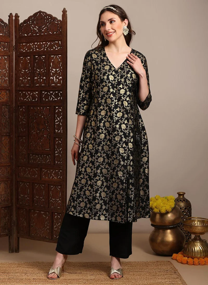 globus Globus Women Black V-Neck Gold Foil Floral Print Angrakha A-Line Kurta With Pants Festive Set