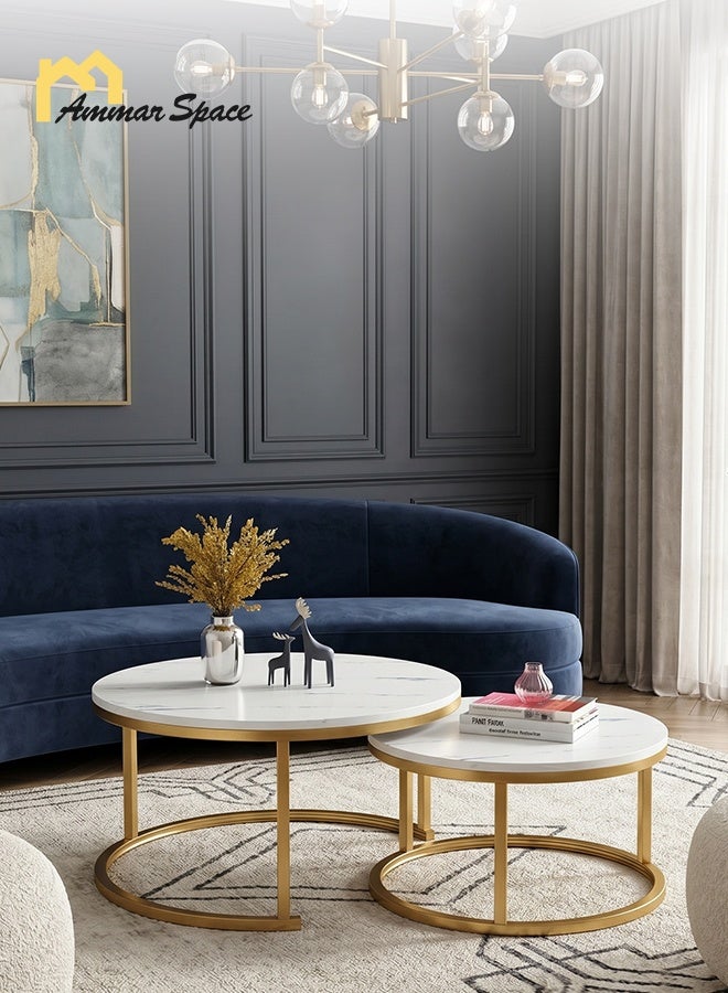 Ammar Space 2PCS Round Nesting Coffee Table Set, Modern Center Tables with Wood Top & Metal Frame, Space Saving Living Room Sofa Table Set, Large 70cm & Small 50cm - Image 2