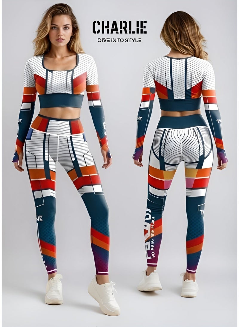 شارلي طقم تمرين نسائي حصري من قطعتين - بلوزة قصيرة بأكمام طويلة وبنطال ضيق بخصر عالٍ - ملابس رياضية مطبوعة هندسية لليوجا والجيم واللياقة البدنية - مقاس M - الكمية محدودة - Image 1