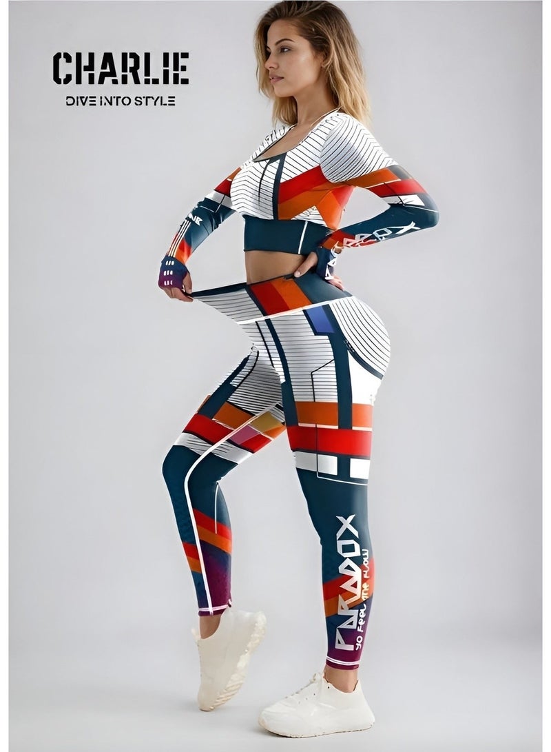 شارلي طقم تمرين نسائي حصري من قطعتين - بلوزة قصيرة بأكمام طويلة وبنطال ضيق بخصر عالٍ - ملابس رياضية مطبوعة هندسية لليوجا والجيم واللياقة البدنية - مقاس M - الكمية محدودة - Image 4
