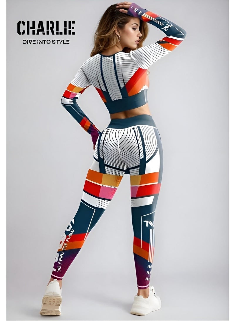 شارلي طقم تمرين نسائي حصري من قطعتين - بلوزة قصيرة بأكمام طويلة وبنطال ضيق بخصر عالٍ - ملابس رياضية مطبوعة هندسية لليوجا والجيم واللياقة البدنية - مقاس M - الكمية محدودة - Image 3