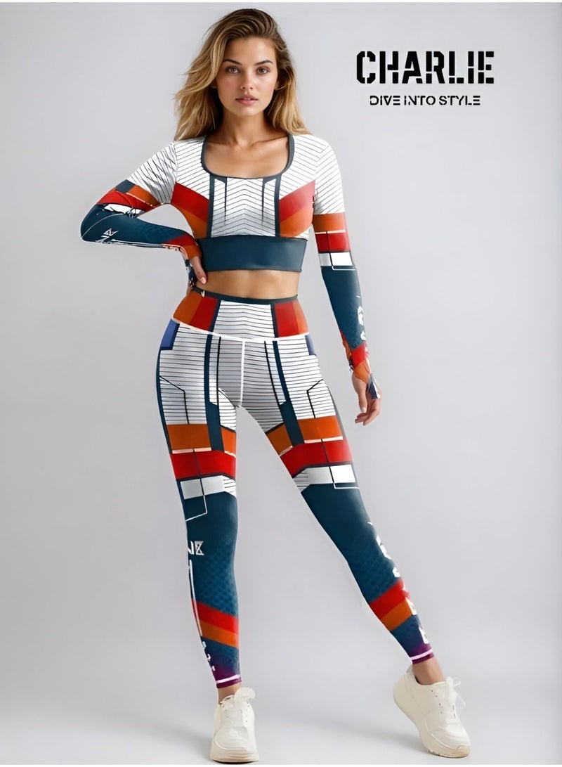 شارلي طقم تمرين نسائي حصري من قطعتين - بلوزة قصيرة بأكمام طويلة وبنطال ضيق بخصر عالٍ - ملابس رياضية مطبوعة هندسية لليوجا والجيم واللياقة البدنية - مقاس M - الكمية محدودة - Image 2