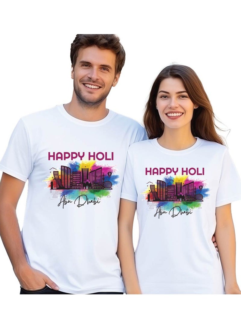 PRINTSHOP4ME Abu Dhabi Holi Celebration - Couple's Round Neck T-Shirt - Couples T-Shirt for Holi - Holi Printed T-Shirt for Adult Couples - Festive Holi Abu Dhabi Cotton T-Shirt Set - Image 1