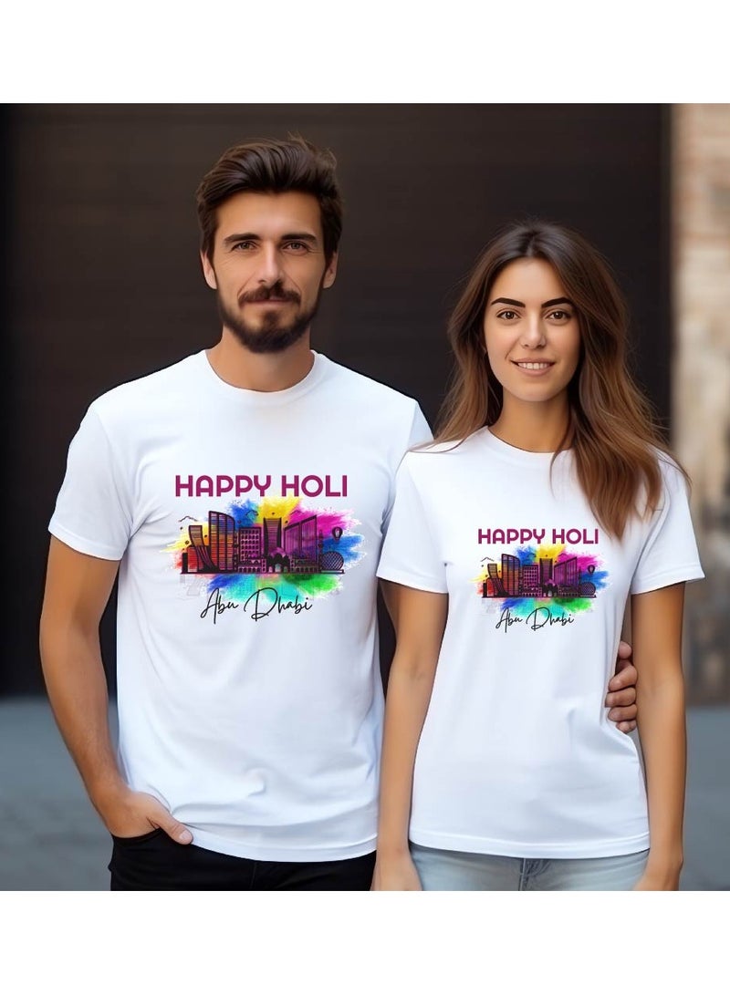 PRINTSHOP4ME Abu Dhabi Holi Celebration - Couple's Round Neck T-Shirt - Couples T-Shirt for Holi - Holi Printed T-Shirt for Adult Couples - Festive Holi Abu Dhabi Cotton T-Shirt Set - Image 5