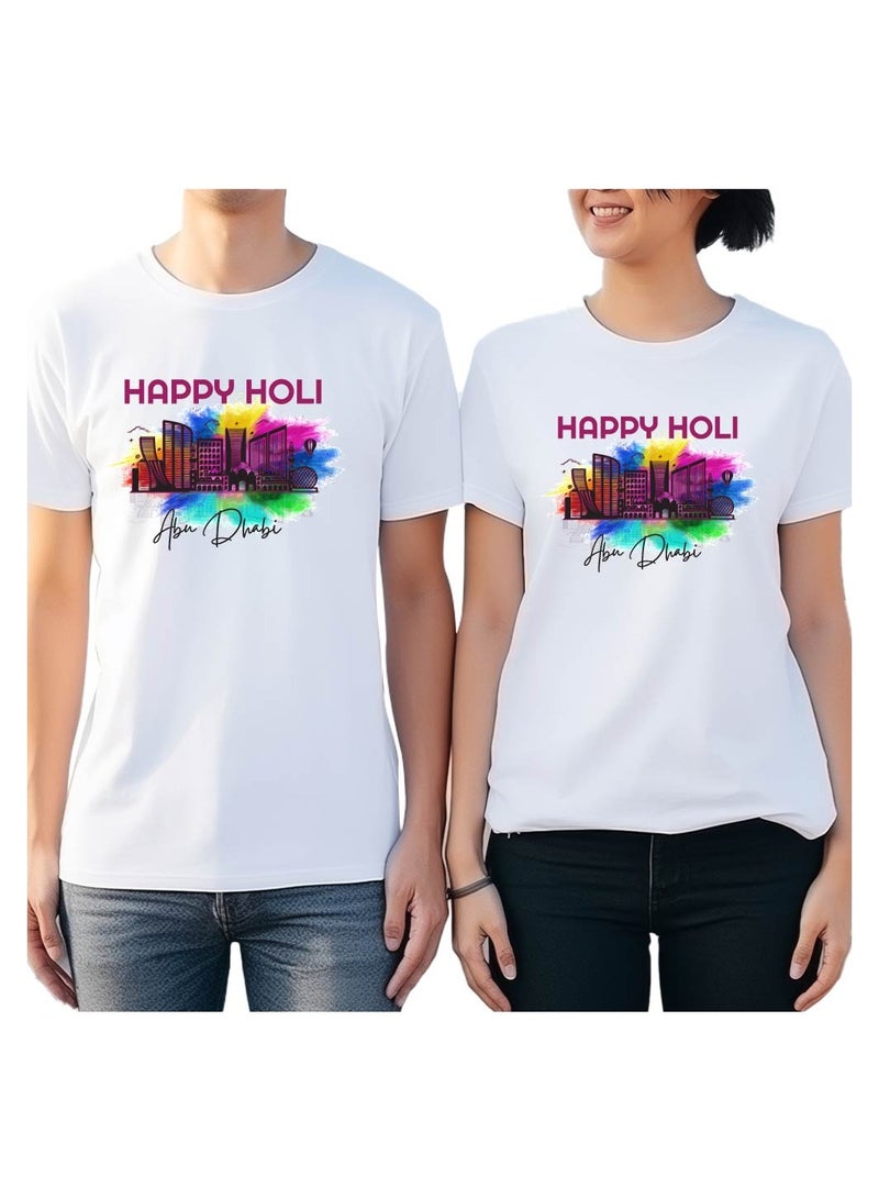PRINTSHOP4ME Abu Dhabi Holi Celebration - Couple's Round Neck T-Shirt - Couples T-Shirt for Holi - Holi Printed T-Shirt for Adult Couples - Festive Holi Abu Dhabi Cotton T-Shirt Set - Image 2