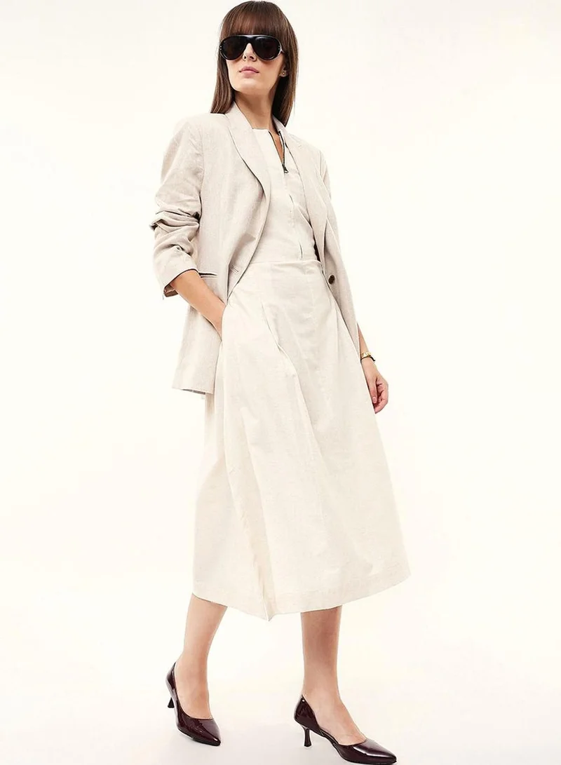 دينيس لينغو Women Ecru Cotton Blend Solid Midi A-Line Flared Dress