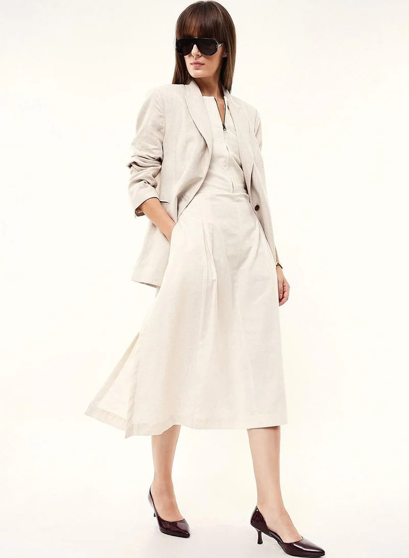 دينيس لينغو Women Ecru Cotton Blend Solid Midi A-Line Flared Dress