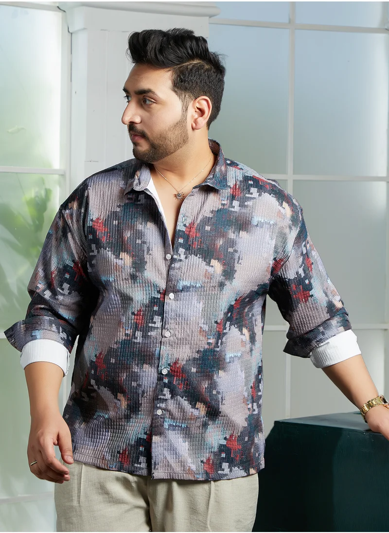 انستافاب بلس Instafab Plus Men's Grey & Red Artistic-Blur Shirt For Casual Wear | Spread Collar | Long Cuffed Sleeves | Button Closure | Plus Size Shirt Crafted With Comfort Fit For Everyday Wear