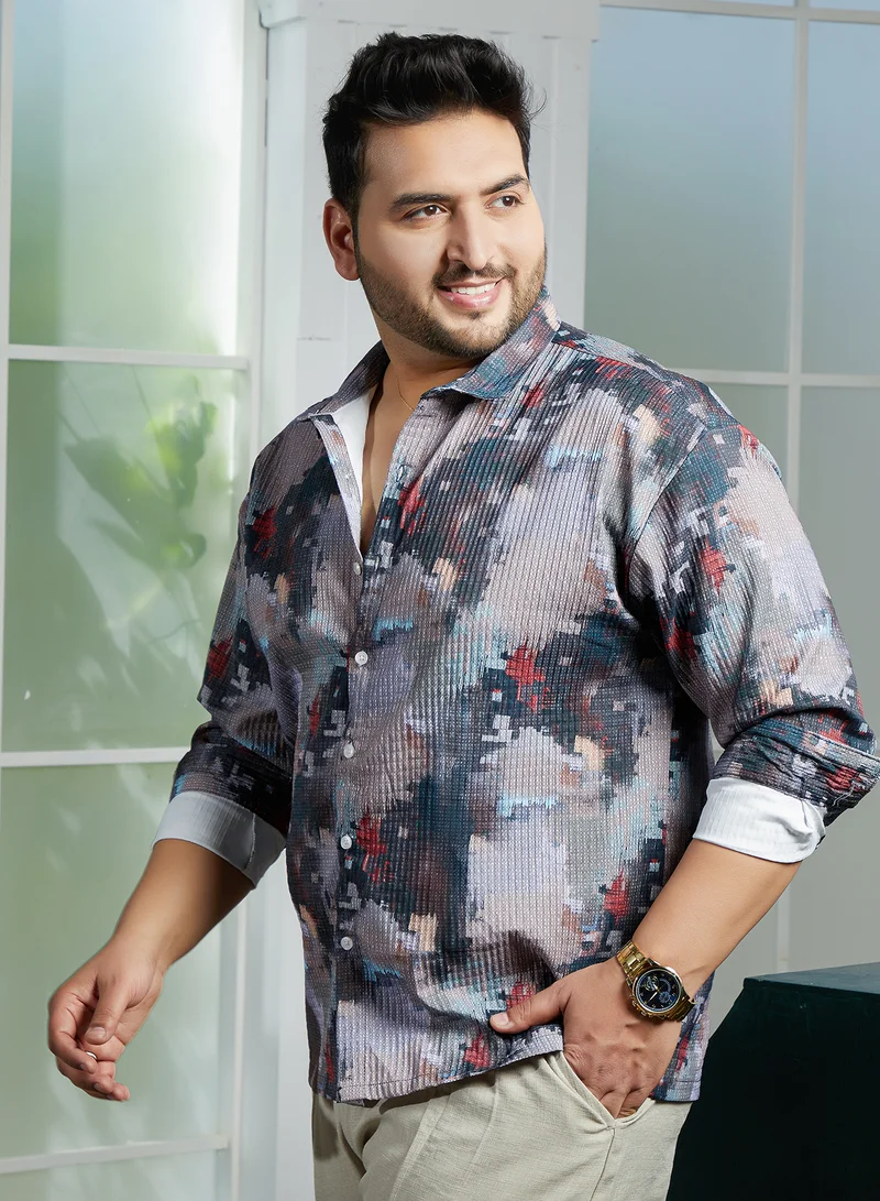 Instafab Plus Instafab Plus Men's Grey & Red Artistic-Blur Shirt For Casual Wear | Spread Collar | Long Cuffed Sleeves | Button Closure | Plus Size Shirt Crafted With Comfort Fit For Everyday Wear