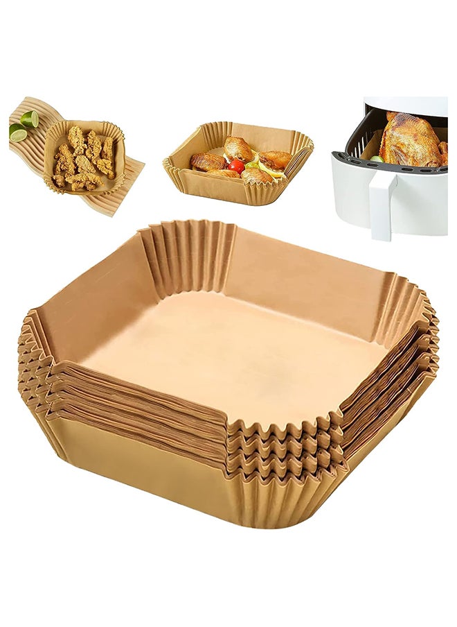SKY-TOUCH 100 Pieces Disposable Non Stick Air Fryer Paper Liners Square Food Grade Baking Paper, 16cm, Brown  - Image 1