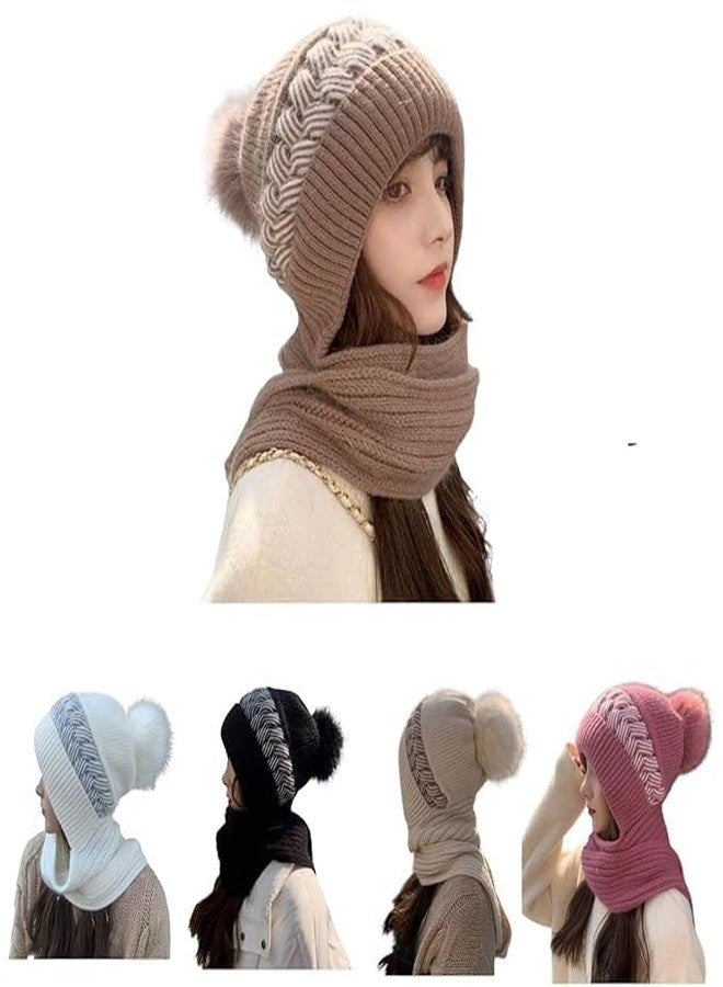 Flygon Women's Knitted Hat Winter Plush Velvet Warm Woolen Cap Neck Scarf | Twist Color Fuzzy Slouchy Beanie Monkey Cap with Muffler for Ski Hiking Outdoor Girls & Ladies Multicolour - Image 1