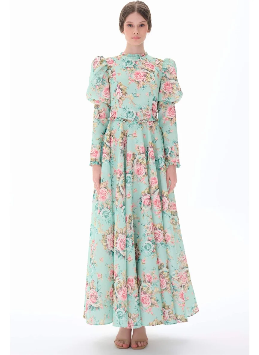 Miha Mint Floral Patterned Dress with Puffy Sleeves