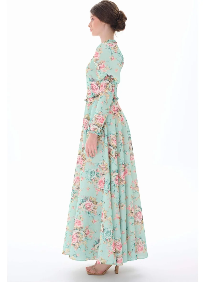 Miha Mint Floral Patterned Dress with Puffy Sleeves